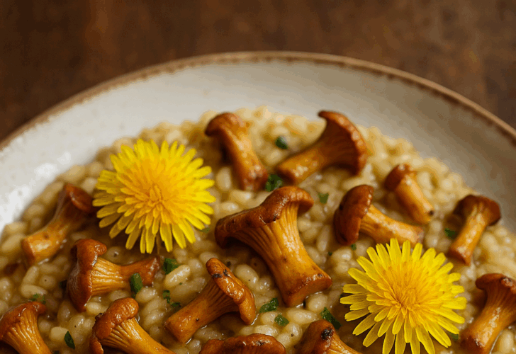 Risotto ai finferli e tarassaco